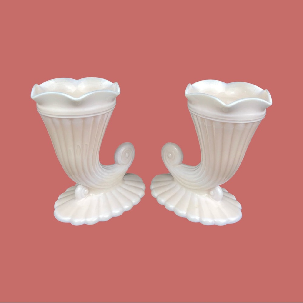 MCM Jeannette Glass Shell Pink Milk Glass Cornucopia Vases